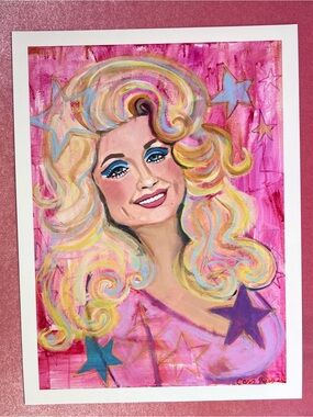 Dolly Parton star Pop Portrait fine Art Print in Pink 12 x 9 inches